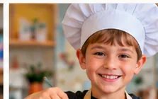 Illustration of a young child learning a kitchen activity