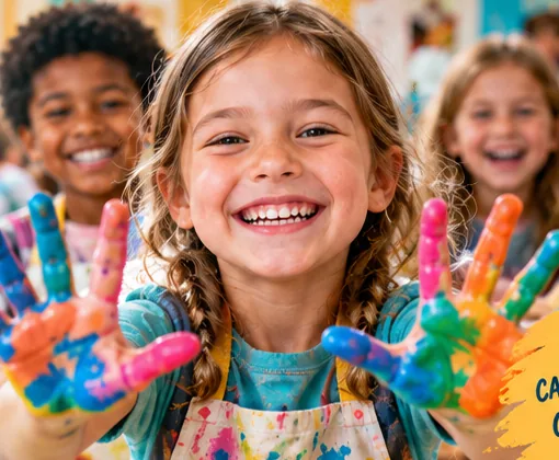 Illustration of smiling children taking part in indoor creative summer camp activities